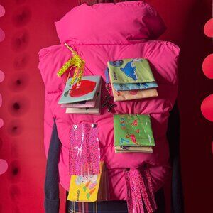 Upcycled Storybook Puffer Vest – Hot Pink Modular Streetwear with Pins
